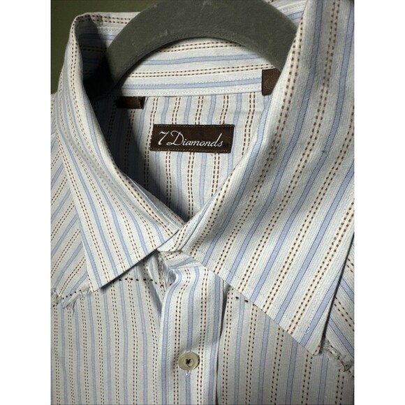 7 Diamonds Men’s Western Shirt Blue Brown Stripe Embroidered Back L/S - Picture 2 of 3